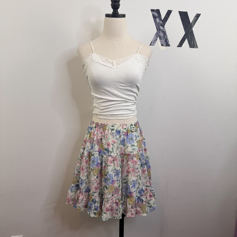 Y2K Pastel Floral Tiered Mini Skirt Layered Flowy Fairycore Indie Grunge M